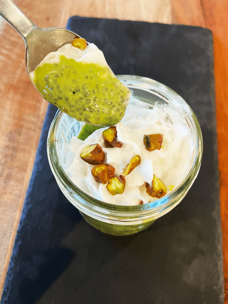 pistachio chia seed pudding with oat milk