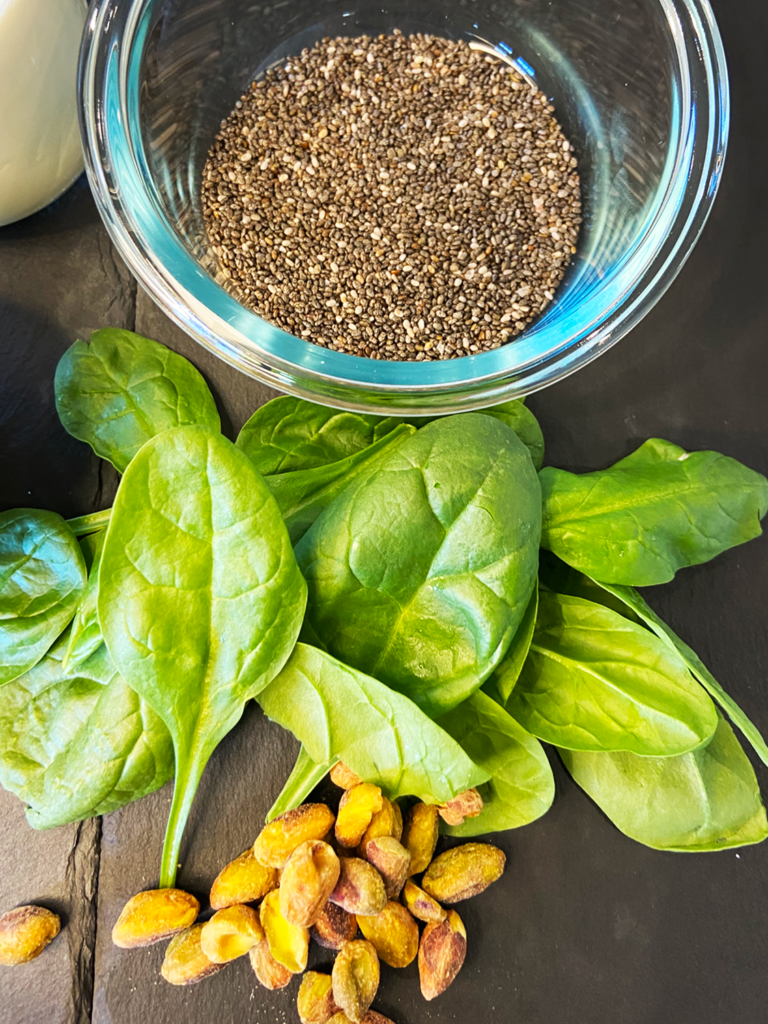 ingredients for pistachio chia seed pudding with oat milk