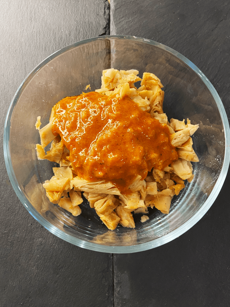 Daring vegan chicken topped with Madras curry sauce