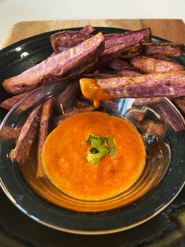 air fryer Japanese sweet potato fries with spicy Gochujang dip