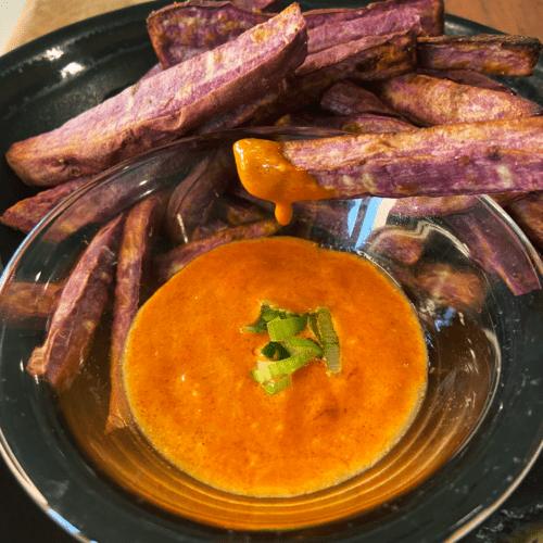 air fryer Japanese sweet potato fries with spicy Gochujang dip