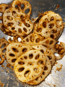 air fried lotus root tossed in garlic ginger sauce