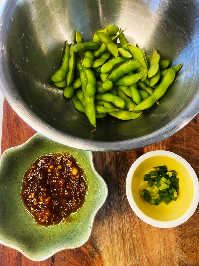 ingredients for edamame with garlic soy sauce