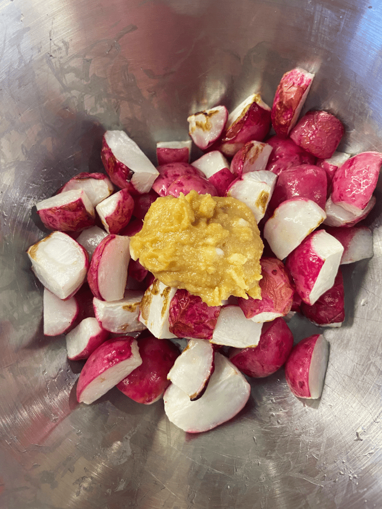 radishes in bowl with garlic miso for air fryer radishes