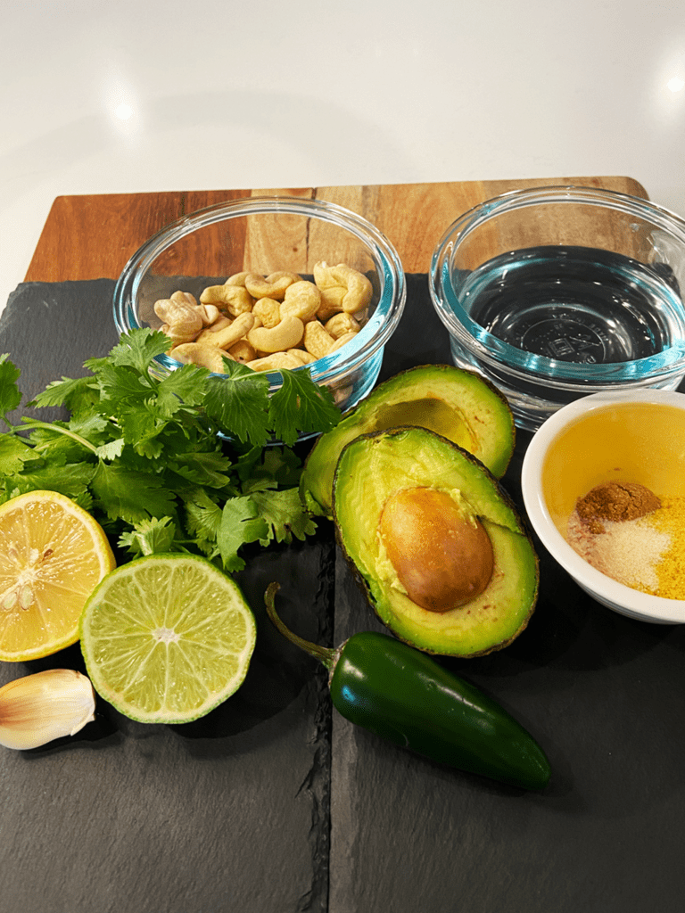 ingredients for vegan jalapeño avocado crema recipe