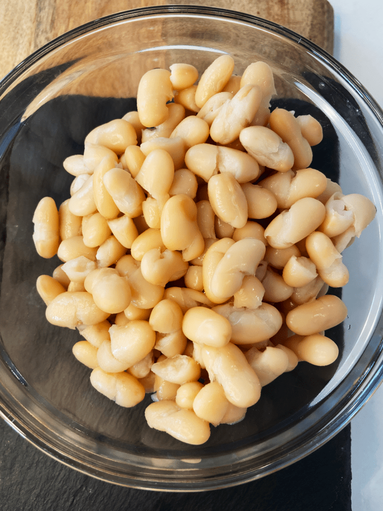 cannellini beans for white bean buffalo dip with vegan blue cheese crumbles