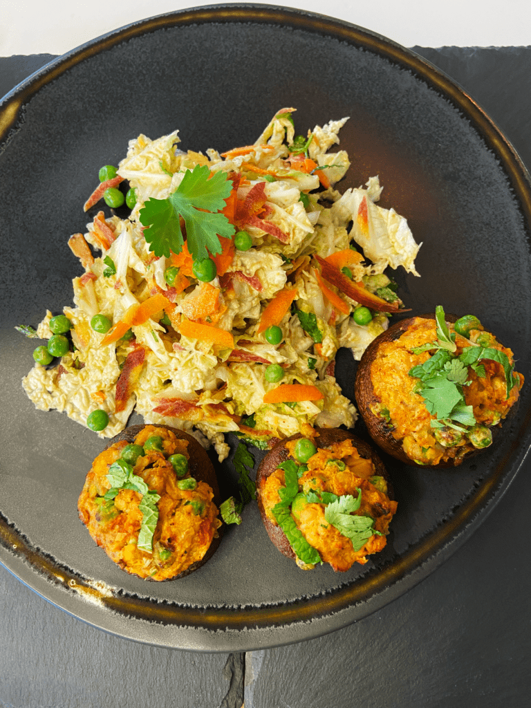 stuffed curry chickpea air fryer mushroom Indian recipe served with Indian spiced coleslaw