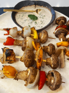 air fryer vegetable kabobs with Indian spice and herb dipping sauce