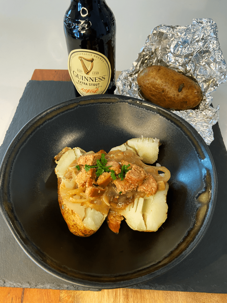 vegan bangers and mash baked potatoes