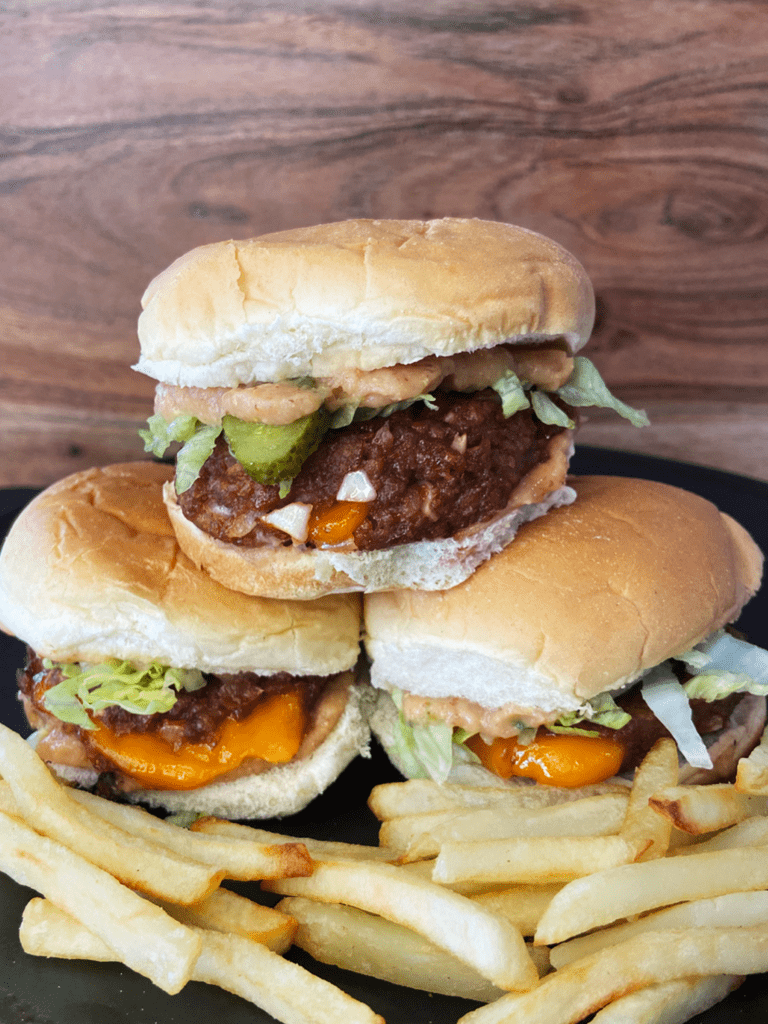 air fried beyond burger Big Mac sliders served with fries