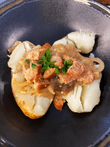 vegan bangers and mash baked potatoes