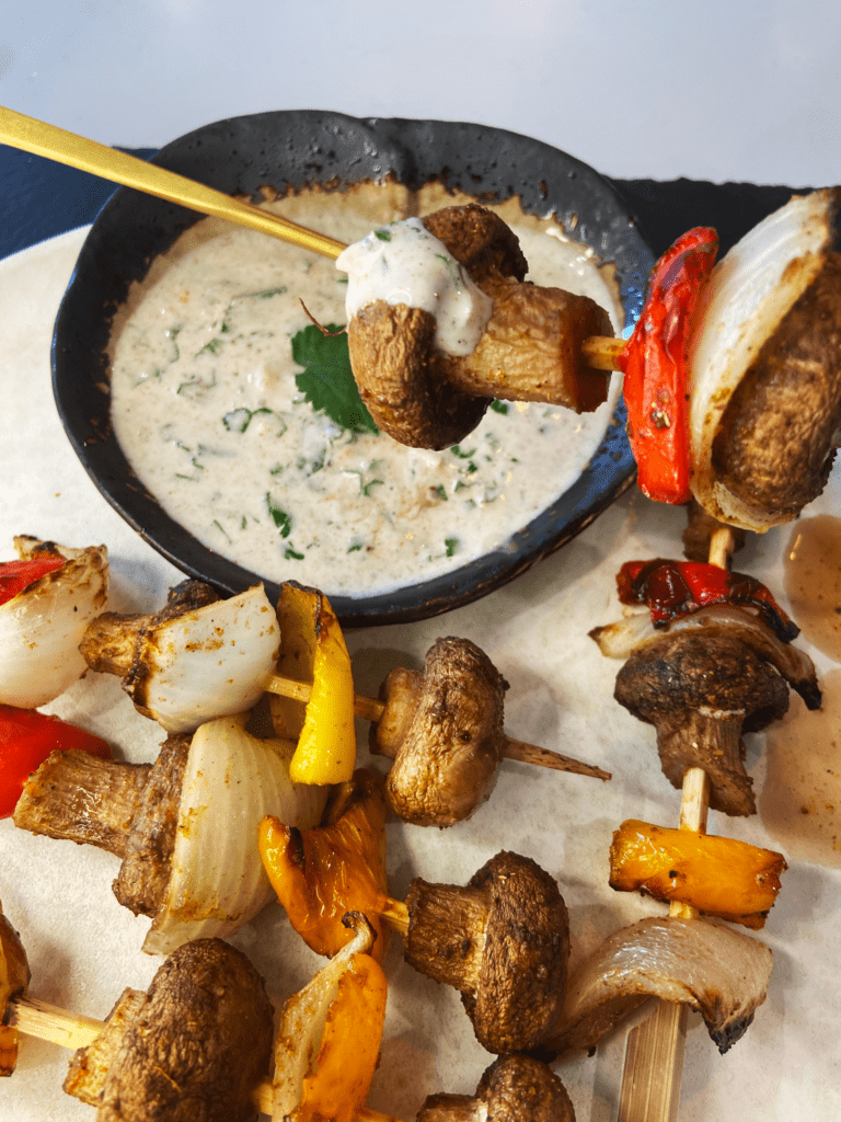 air fryer vegetable kabobs with Indian Spice and Herb dip