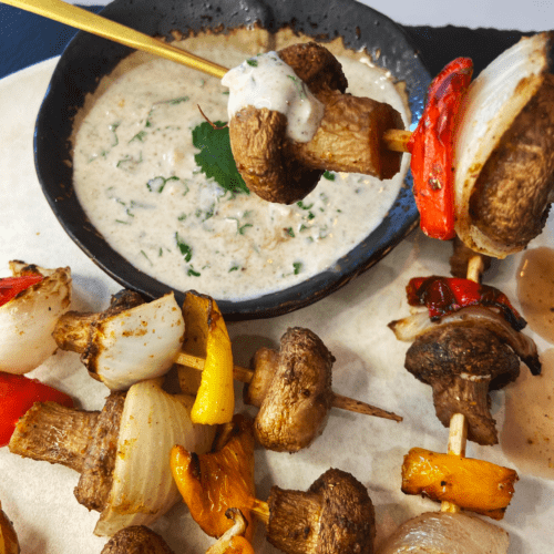 air fryer vegetable kabobs with Indian spice and herb dipping sauce