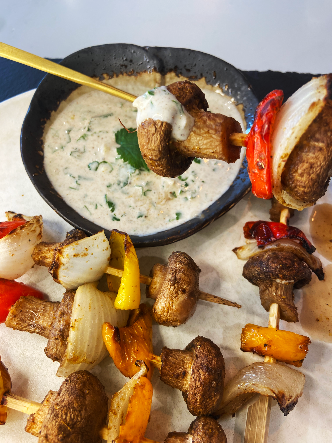 air fryer vegetable kabobs with Indian spice and herb dipping sauce