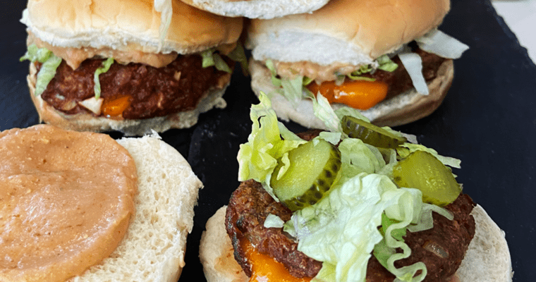 Air Fried Beyond Burgers : vegan stuffed big mac sliders