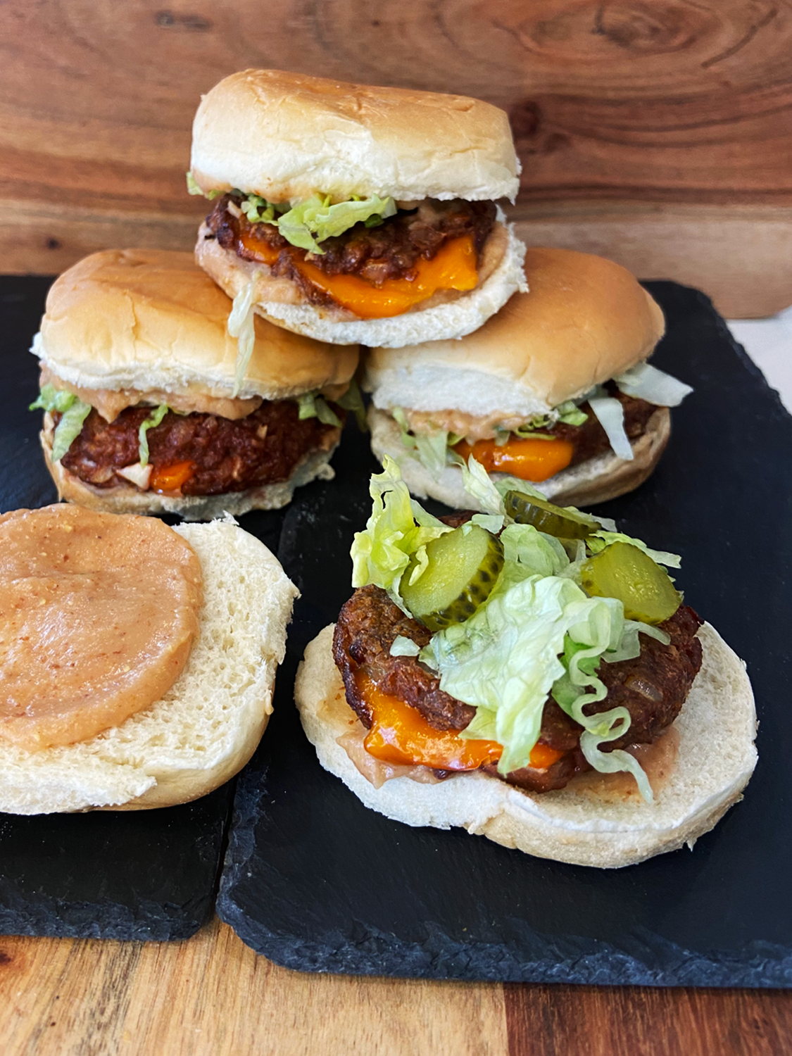 Air Fried Beyond Burgers : vegan stuffed big mac sliders