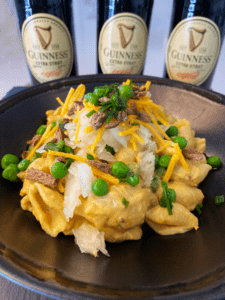 loaded Irish vegan Mac and cheese with Guinness vegan cheese sauce