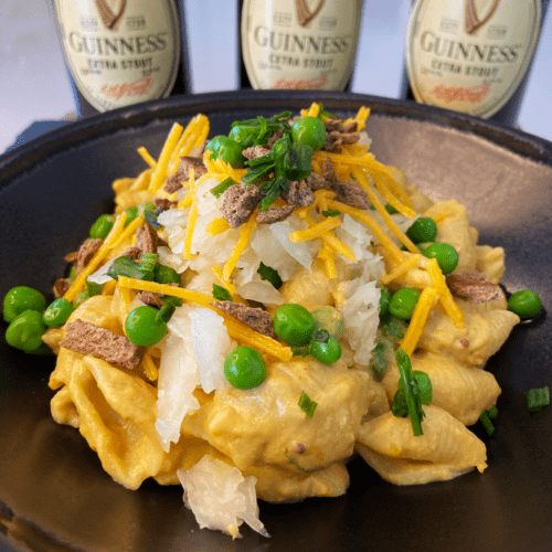 loaded Irish vegan Mac and cheese with Guinness vegan cheese sauce