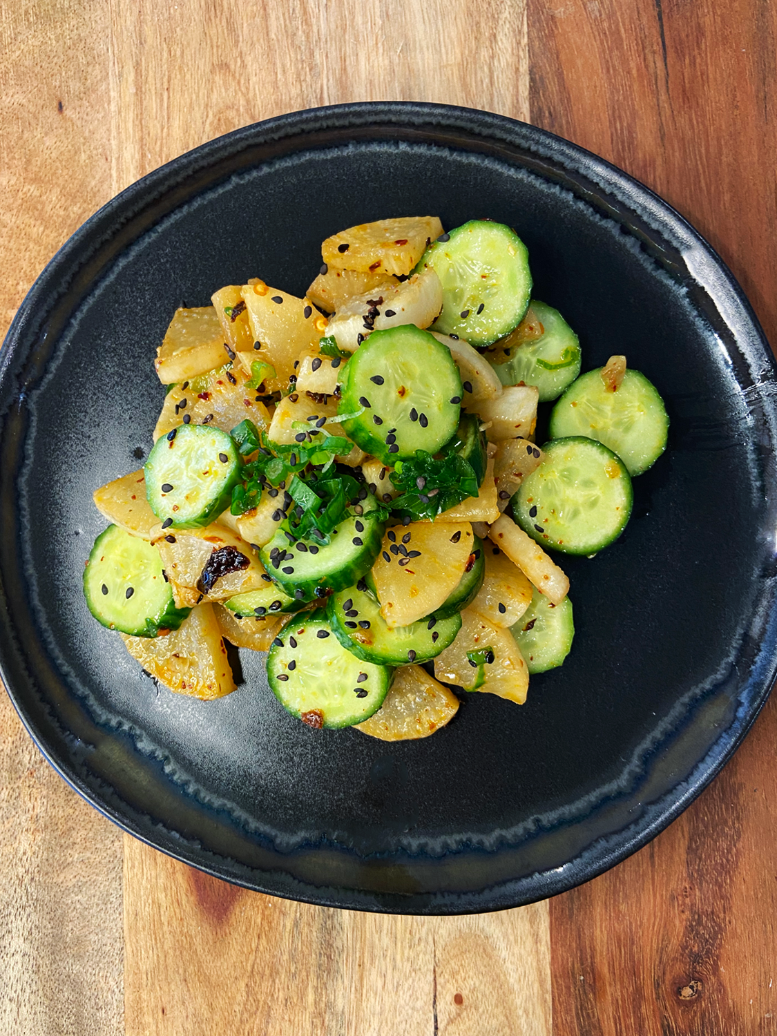 Spicy Roasted Daikon Radish and Cucumber Salad