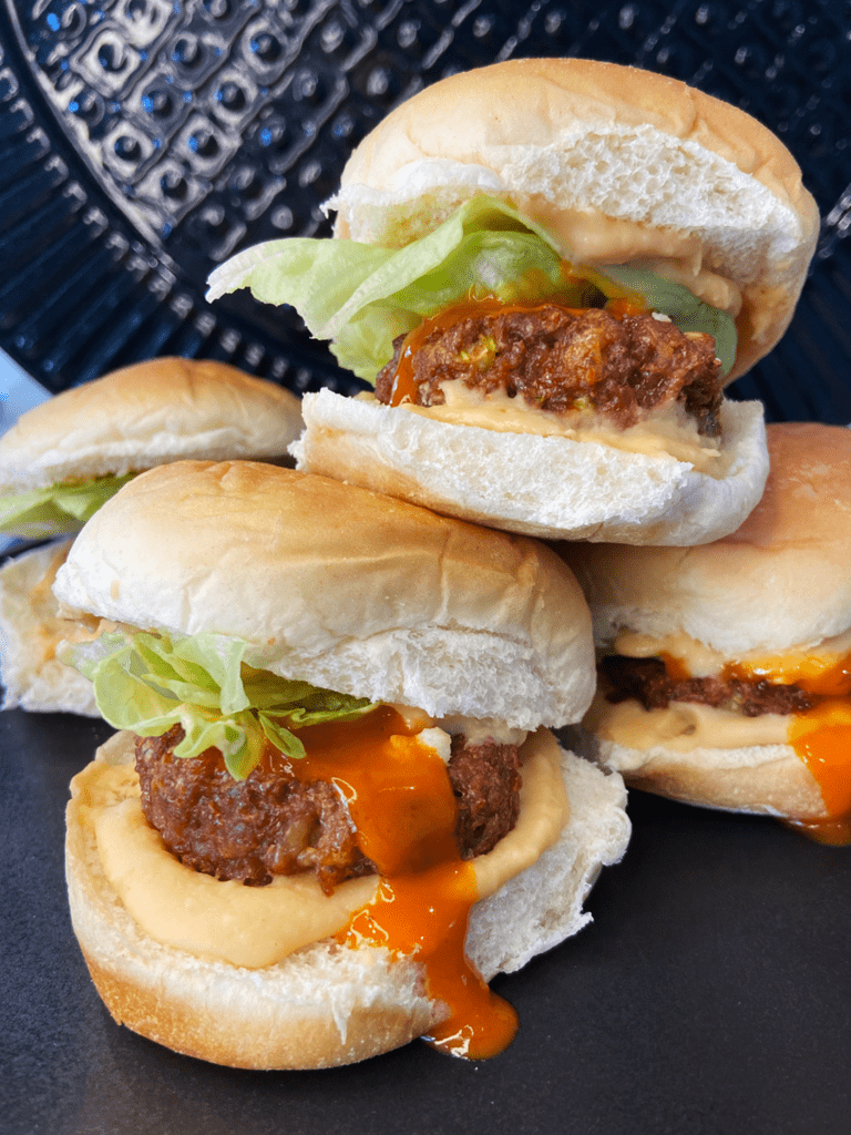 air fryer beyond meat burgers vegan buffalo blue sliders