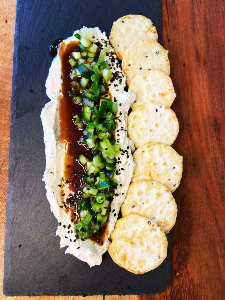 miso caramel and wasabi spread snack plate for vegan dinner party starters