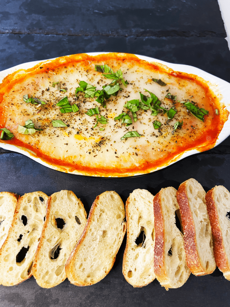 marinara and vegan mozz dip for vegan dinner party starters