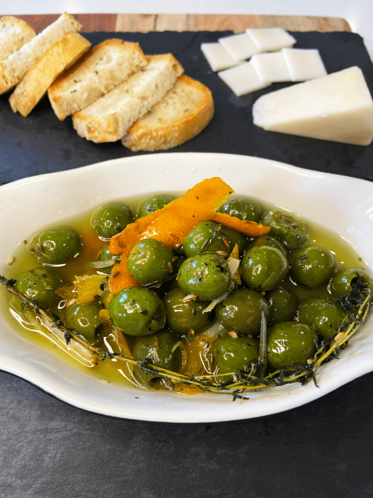 warm marinated olives for vegan dinner party starters