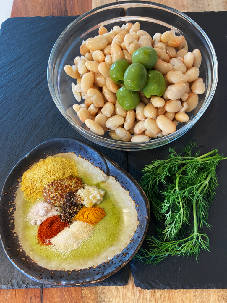 ingredients for vegan deviled egg dip made with white beans