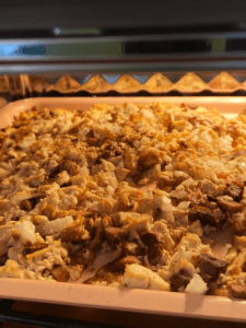 tofu, mushrooms onion cooking in air fryer for air fryer cheesy vegan crab bites