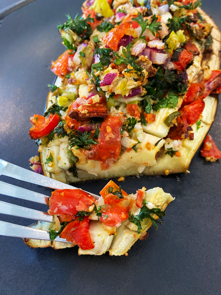 air fryer vegan antipasto stuffed  aubergine and feta