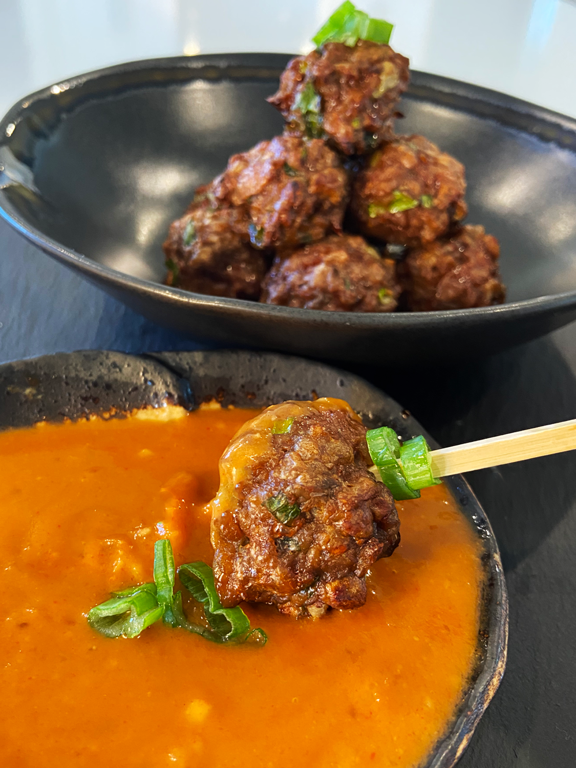 Air Fryer Beyond Meatballs with vegan Gochujang Peanut Sauce