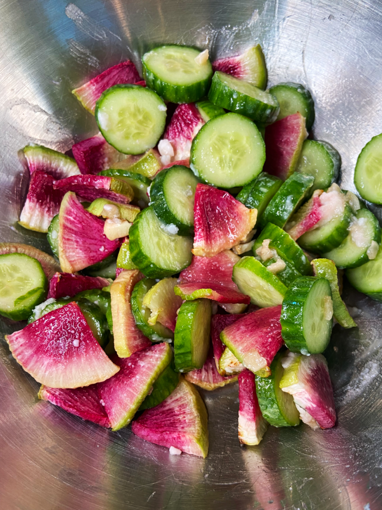 Air Fryer Watermelon Radish Cucumber Salad with Vegan Feta