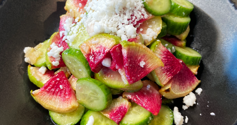 Air Fryer Watermelon Radish Cucumber Salad with Vegan Feta