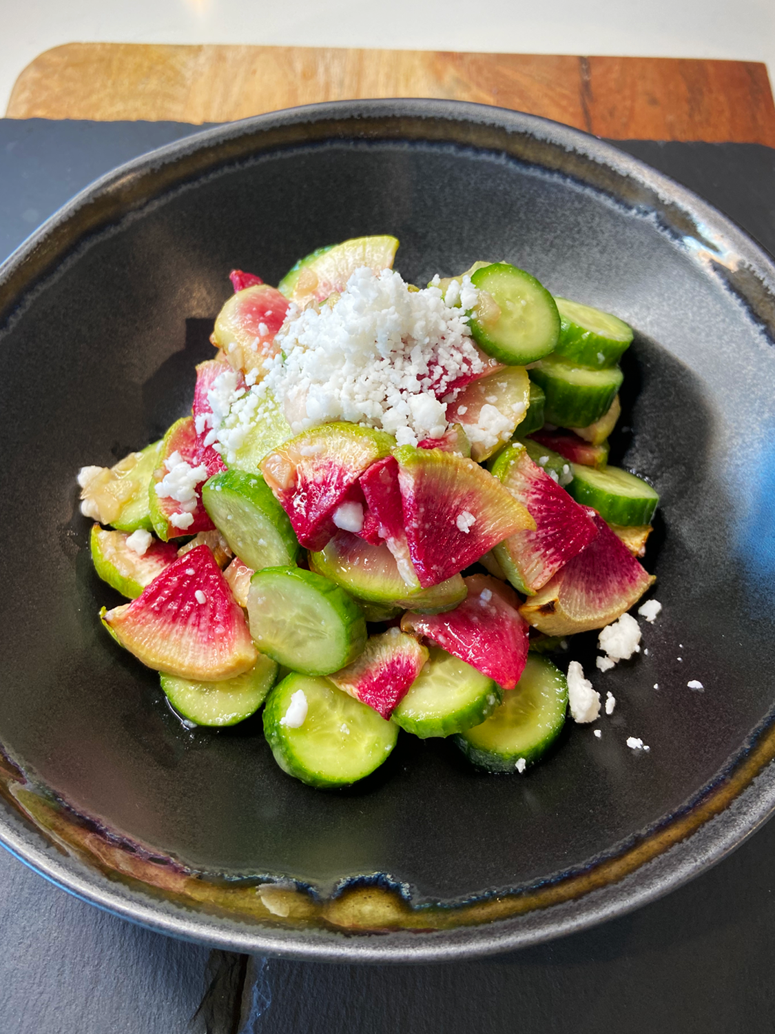 Air Fryer Watermelon Radish Cucumber Salad with Vegan Feta