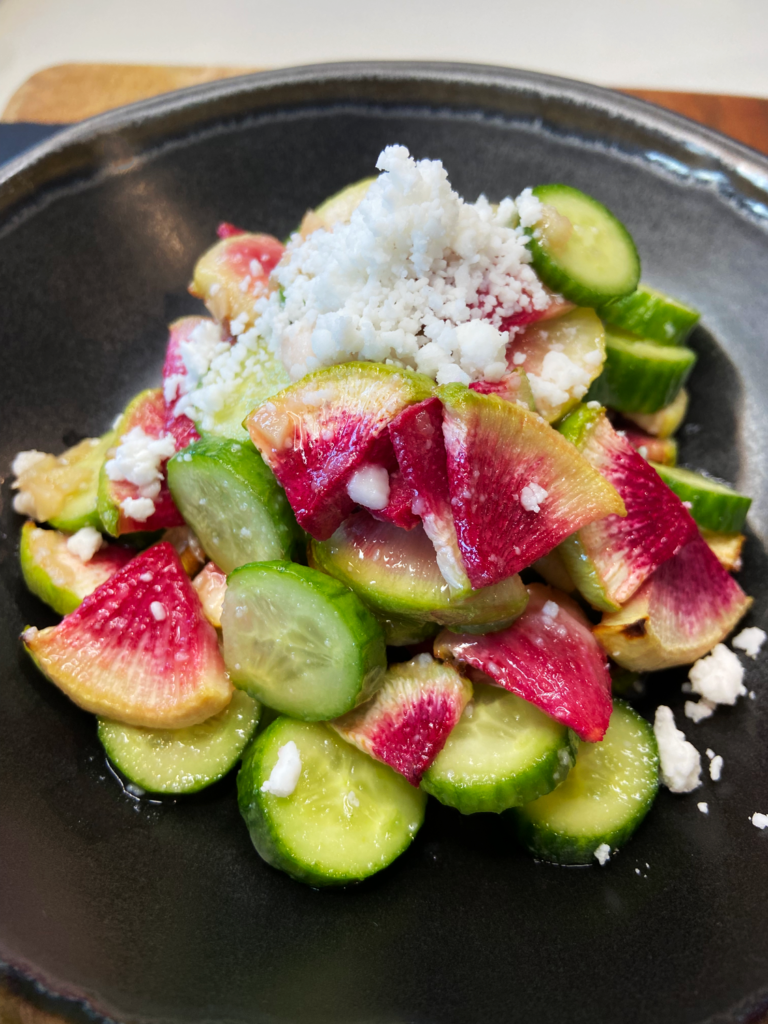 Air Fryer Watermelon Radish Cucumber Salad with Vegan Feta