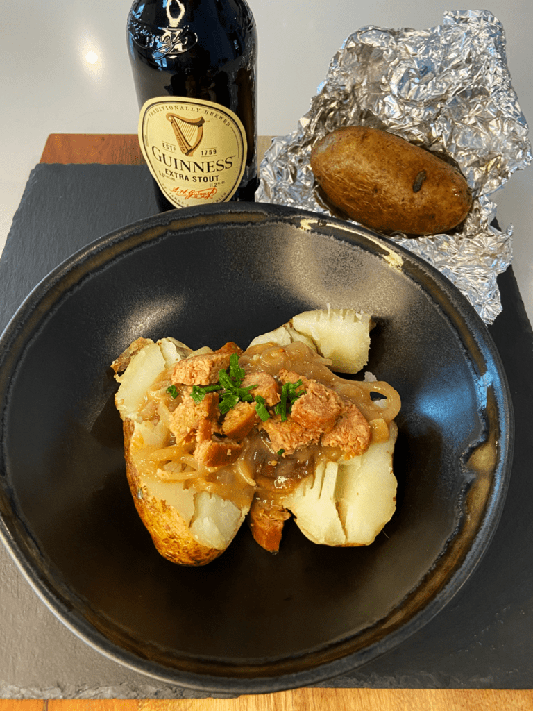 vegan bangers and mash baked potatoes for St. Patrick's day