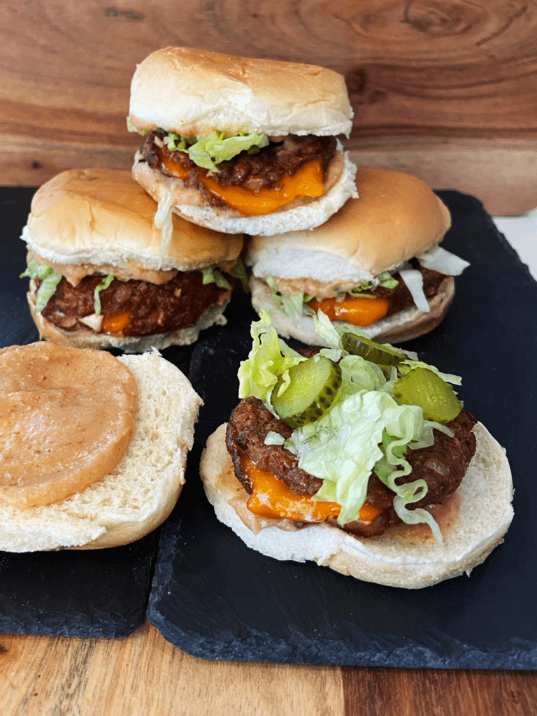 AIR FRIED BEYOND BURGERS : VEGAN STUFFED BIG MAC SLIDERS