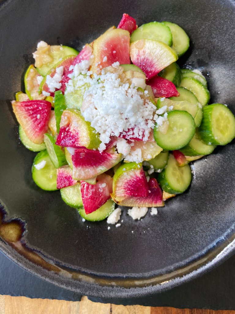 Air Fryer Watermelon Radish Cucumber Salad with Vegan Feta