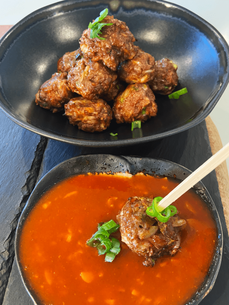 air fryer kimchi beyond meatballs with vegan Gochujang sauce