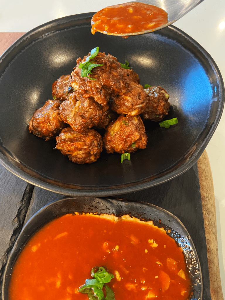 air fryer kimchi beyond meatballs with vegan Gochujang sauce