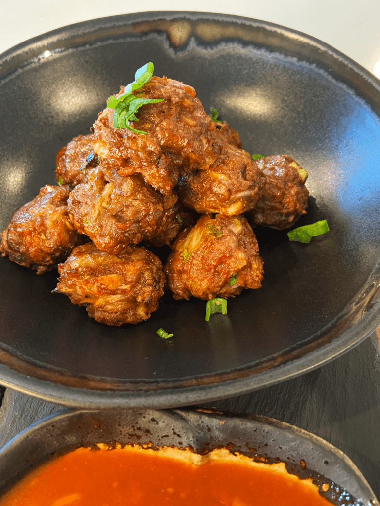 air fryer kimchi beyond meatballs with vegan Gochujang sauce