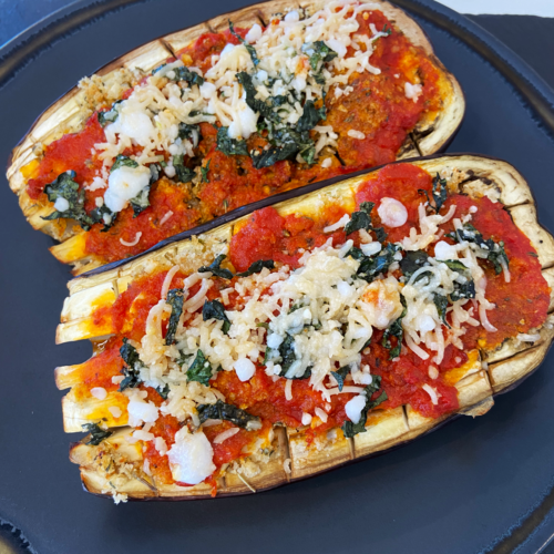 Vegan Garlic Butter Stuffed Eggplant Parmesan