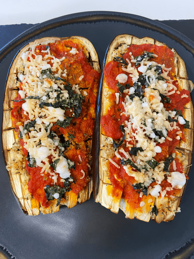 Vegan Garlic Butter Stuffed Eggplant Parmesan