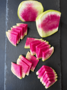 watermelon radishes cut into slices