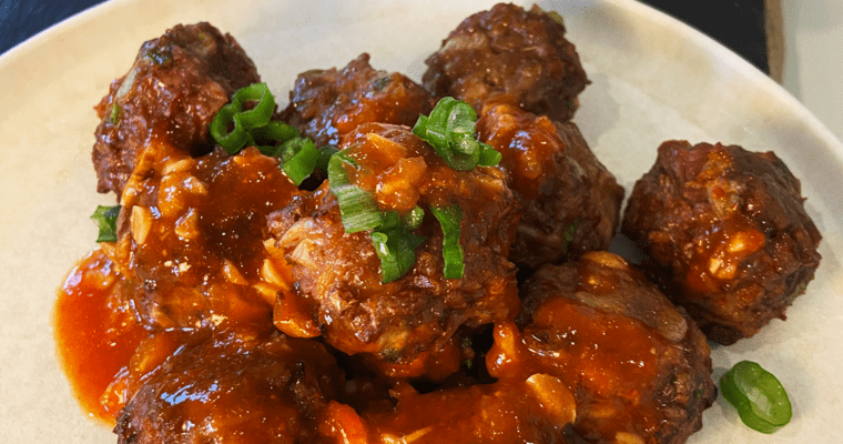 air fryer kimchi beyond meatballs with vegan Gochujang sauce