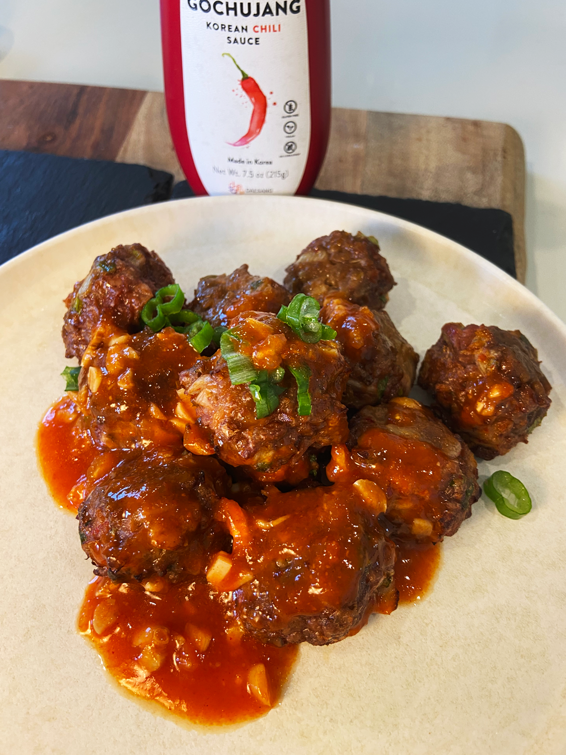 air fryer kimchi beyond meatballs with vegan Gochujang sauce