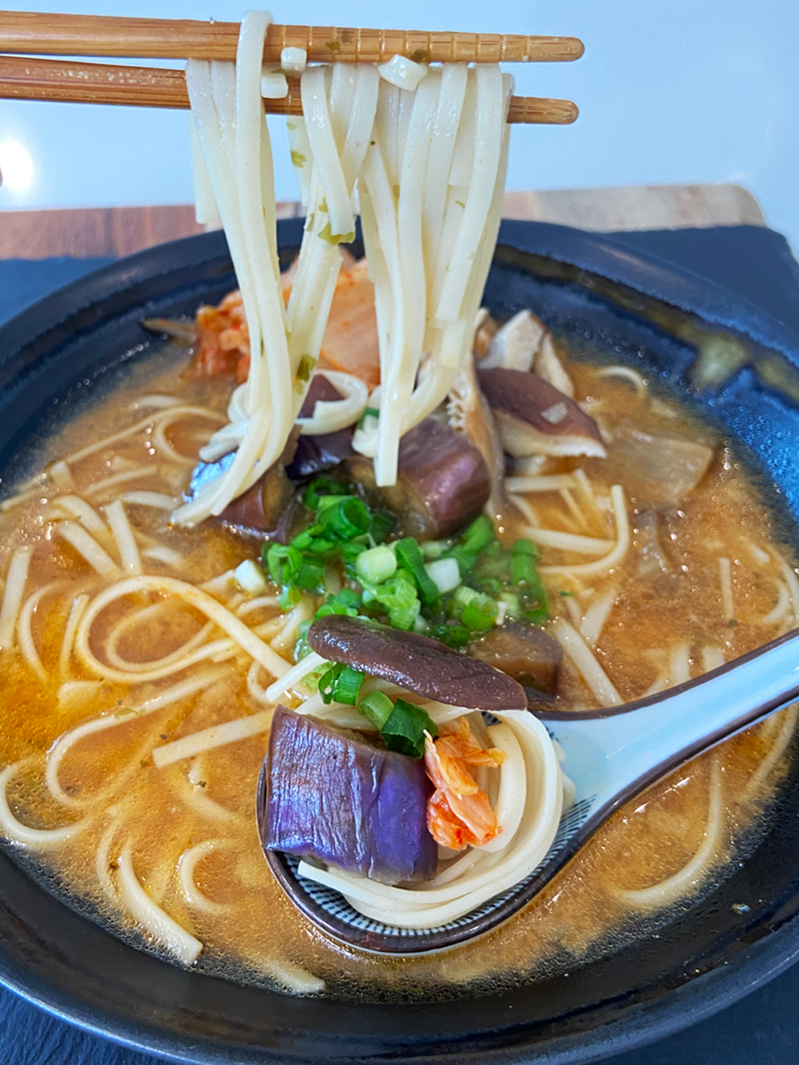 Gochujang Miso Udon Noodle Soup with Japanese Eggplant