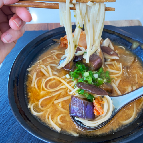 Gochujang Miso Udon Noodle Soup with Japanese Eggplant