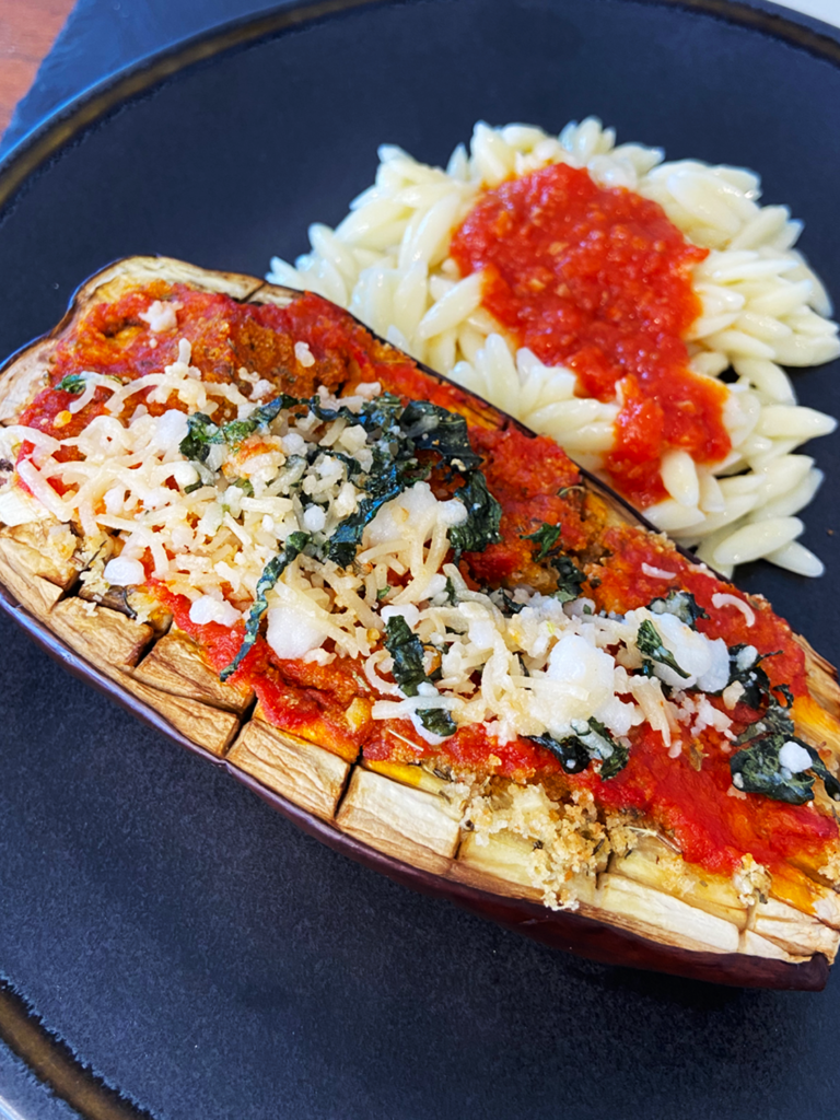 Vegan Garlic Butter Stuffed Eggplant Parmesan with orzo