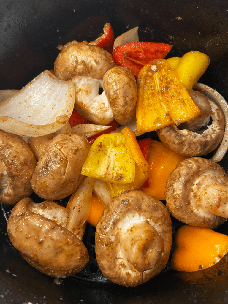 masala spiced Indian mushrooms and veggies in air fryer